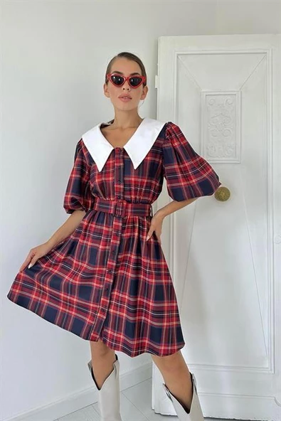 Bebe Yaka Ekose Elbise - Resim 3