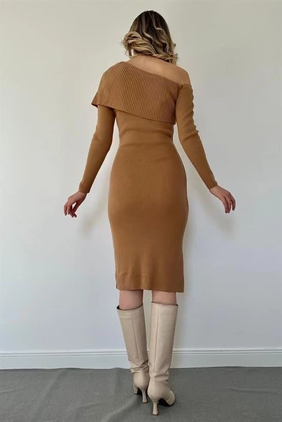 Düşük Omuz Mini Triko Elbise - Resim 3