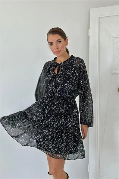 Eteği Katlı Puantiyeli Elbise - Resim 3