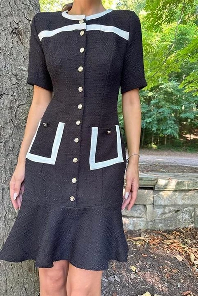 Cep Detaylı Düğmeli Elbise - Resim 3