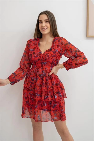 Eteği Kat Kat V Yaka Elbise - Resim 2