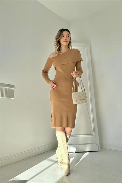 Düşük Omuz Mini Triko Elbise - Resim 2