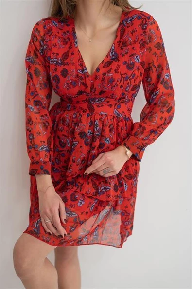 Eteği Kat Kat V Yaka Elbise - Resim 3