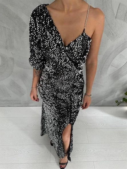 Tek Kol Yırtmaçlı Pulpayet Elbise - Resim 3