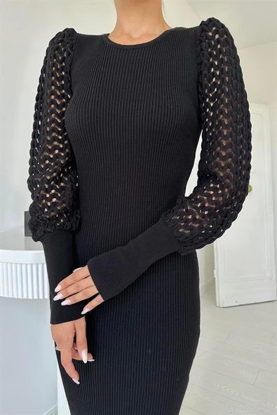 Kolları Örgülü Triko Elbise - Resim 5