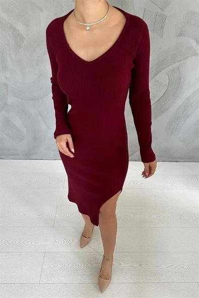 Eteği Yırtmaçlı Triko Elbise - Resim 3