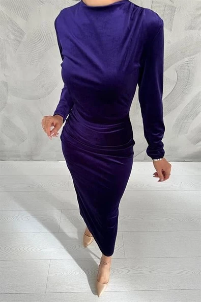 Kadife Dik Yaka Elbise - Resim 3