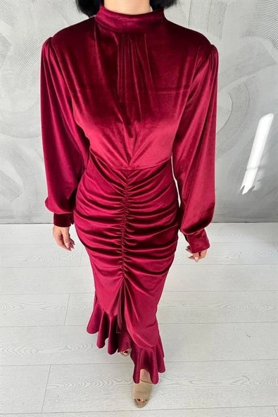 Önü Büzgülü Dik Yaka Elbise - Resim 4