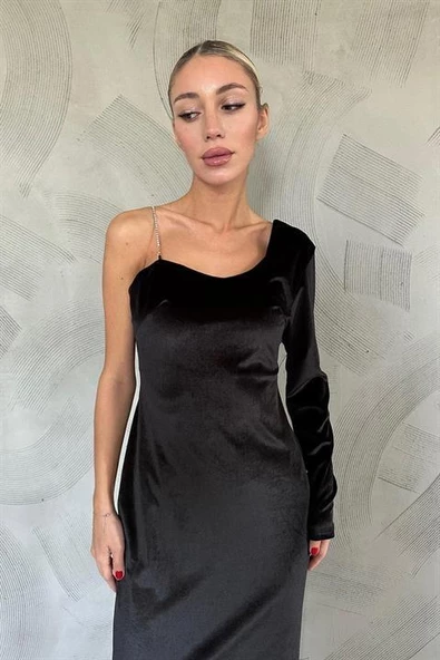 Tek Omuzlu Taş Askılı Elbise - Resim 2