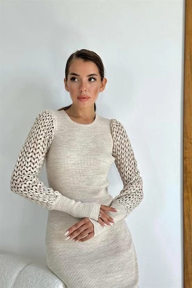 Kolları Örgülü Triko Elbise - Resim 5