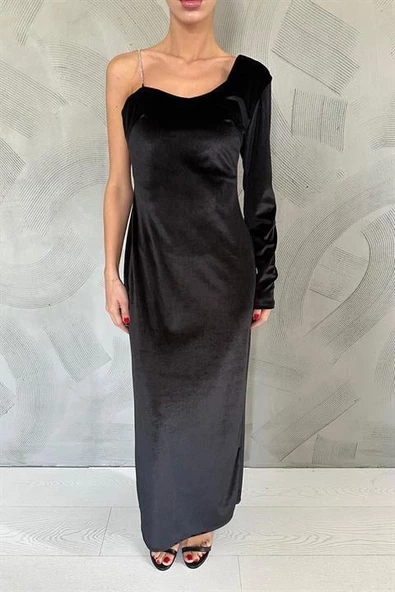 Tek Omuzlu Taş Askılı Elbise - Resim 4