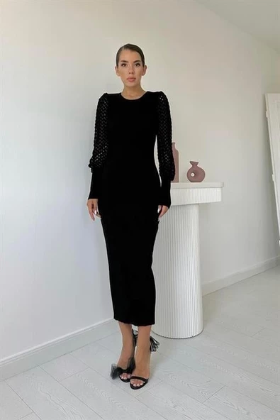 Kolları Örgülü Triko Elbise - Resim 2