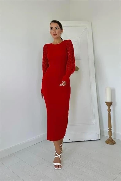 Kolları Örgülü Triko Elbise - Resim 2