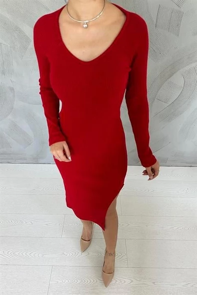 Eteği Yırtmaçlı Triko Elbise - Resim 3