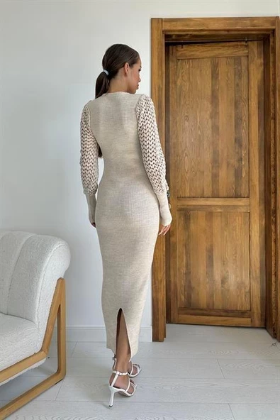Kolları Örgülü Triko Elbise - Resim 6