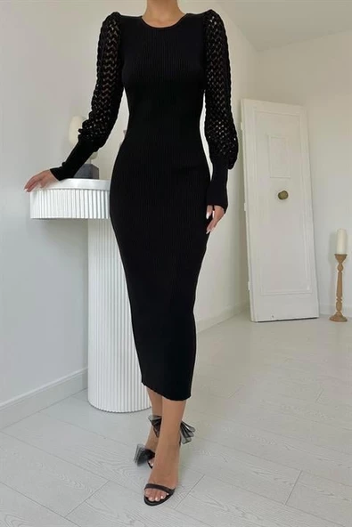 Kolları Örgülü Triko Elbise - Resim 6