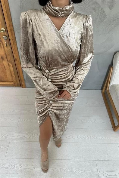 Taşlı Büzgülü Elbise - 4