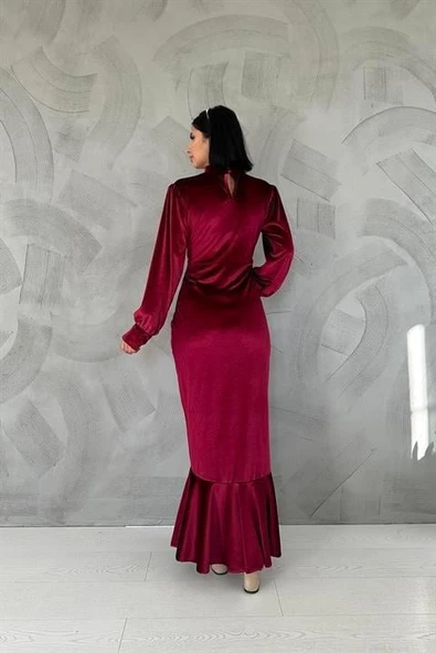 Önü Büzgülü Dik Yaka Elbise - Resim 3