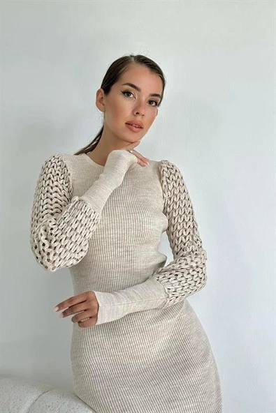 Kolları Örgülü Triko Elbise - Resim 4