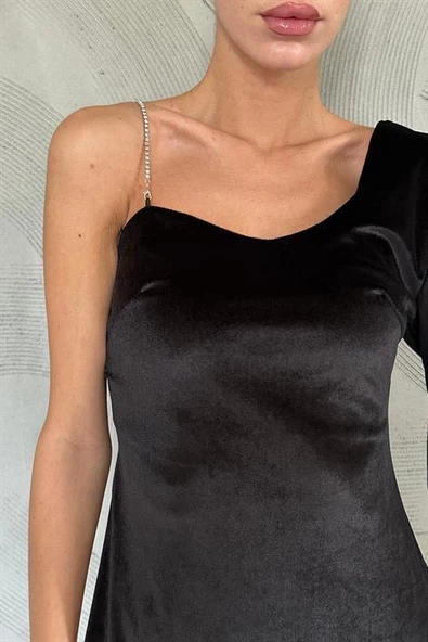 Tek Omuzlu Taş Askılı Elbise - Resim 3