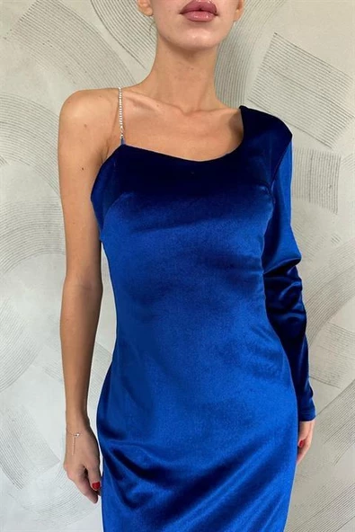 Tek Omuzlu Taş Askılı Elbise - Resim 3