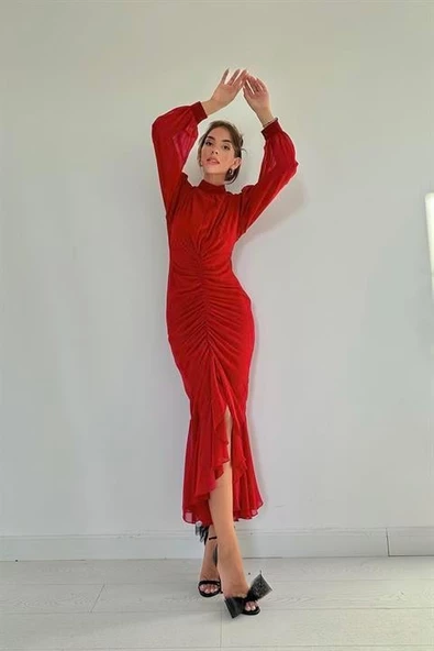 Önü Büzgülü Şifon Elbise - 4