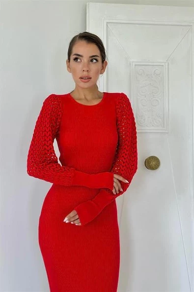 Kolları Örgülü Triko Elbise - Resim 4