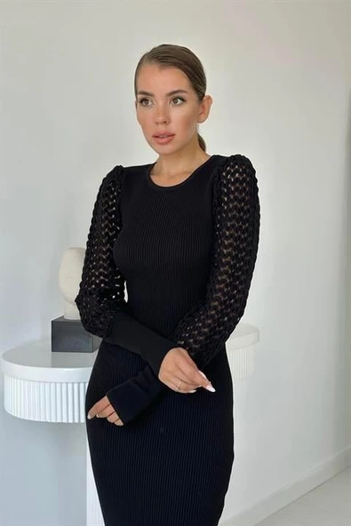 Kolları Örgülü Triko Elbise - Resim 3