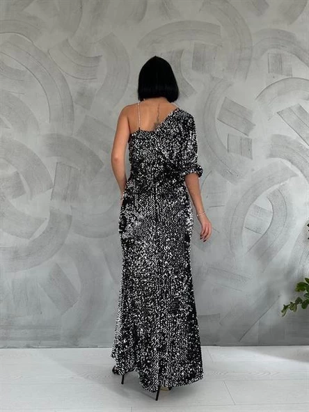 Tek Kol Yırtmaçlı Pulpayet Elbise - Resim 4