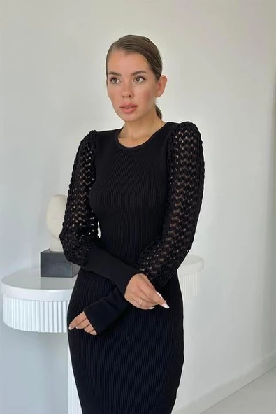 Kolları Örgülü Triko Elbise - Resim 4