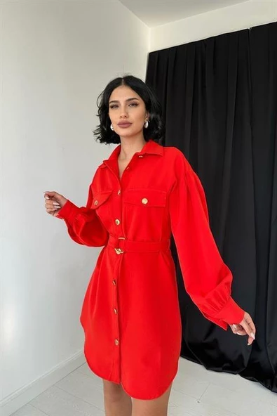 Kemerli Gömlek Elbise - 3