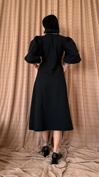 Flamlı Keten Boyamalı Düğmeli Elbise - Resim 4