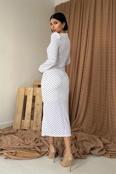 Puantiyeli V Yaka Güllü Elbise - Resim 3