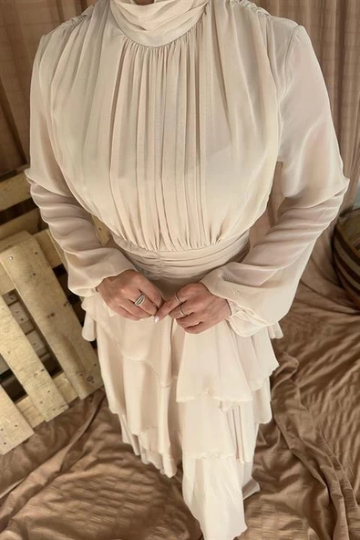 Dik Yaka Bel Detaylı Elbise - Resim 2