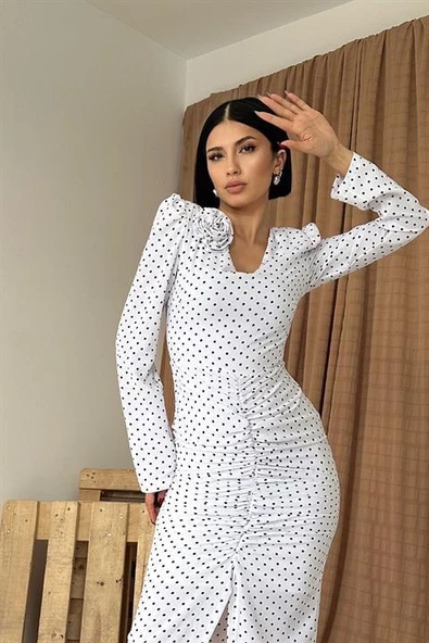 Puantiyeli V Yaka Güllü Elbise - Resim 2