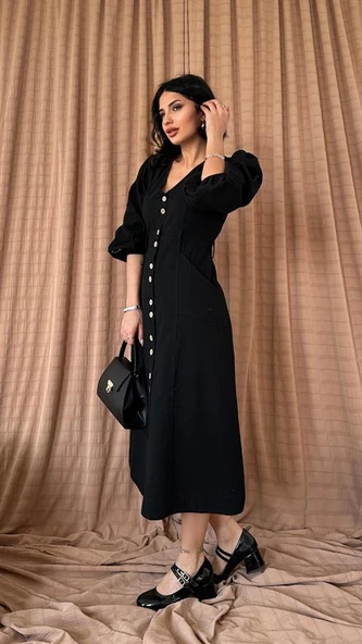 Flamlı Keten Boyamalı Düğmeli Elbise - Resim 2