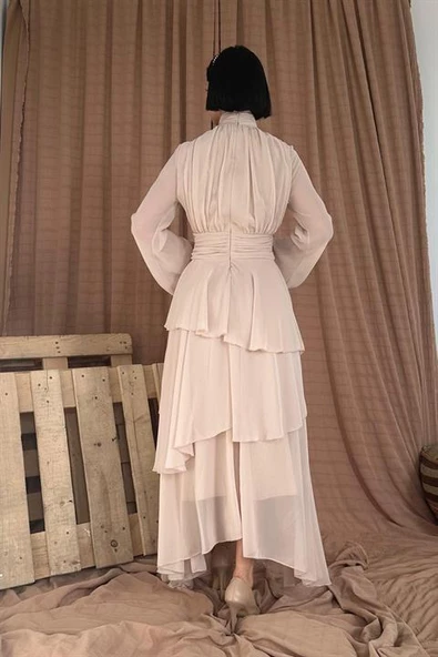 Dik Yaka Bel Detaylı Elbise - Resim 3