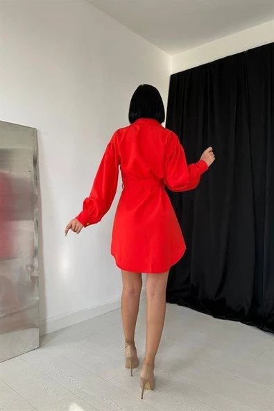 Kemerli Gömlek Elbise - 4