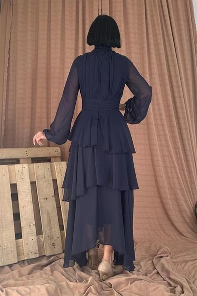 Dik Yaka Bel Detaylı Elbise - Resim 3