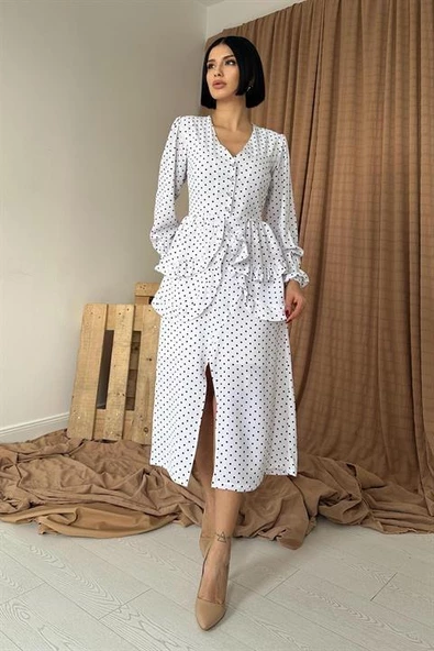 Katlı Fırfır Detaylı V Yaka Elbise - Resim 2