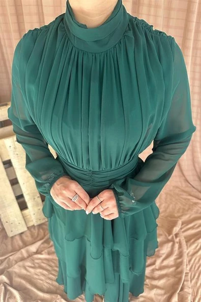 Dik Yaka Bel Detaylı Elbise - 2