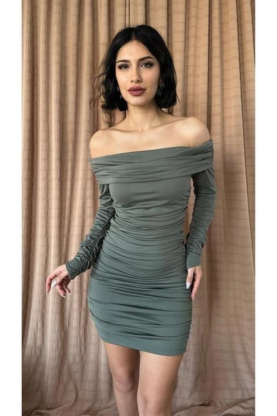 Büzgülü Madonna Yaka Elbise - Resim 3