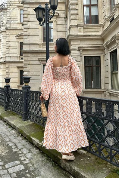 Kare Yaka Diamond Desenli Elbise - Resim 5