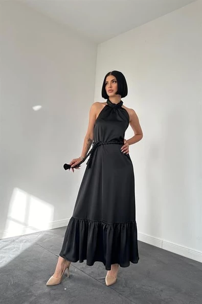 Halter Yaka Örgülü Elbise