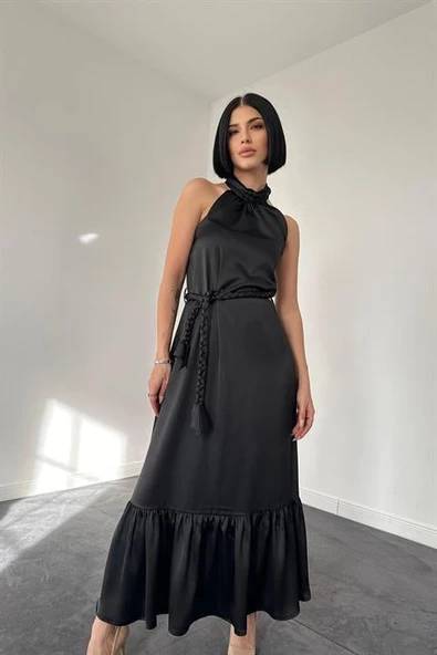 Halter Yaka Örgülü Elbise - Resim 2