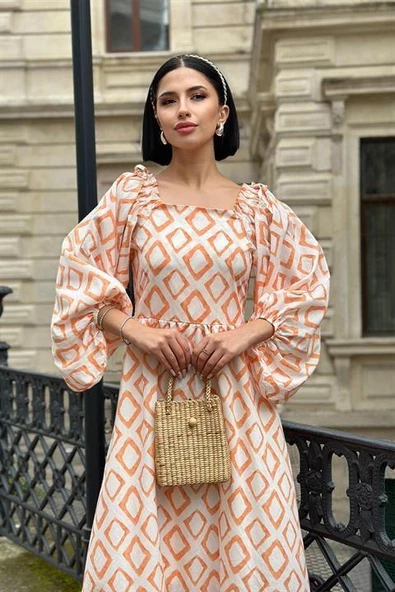 Kare Yaka Diamond Desenli Elbise - Resim 2