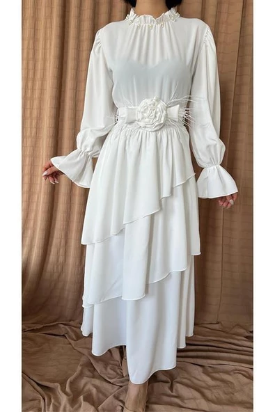 Gül Kemerli Kat Kat Elbise - Resim 3