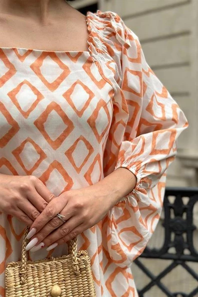 Kare Yaka Diamond Desenli Elbise - Resim 4