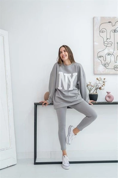 NY Baskılı Takım - Gri