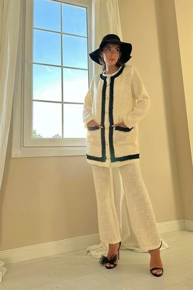 Şeritli Yakasız Ceket ve Pantolon Takım - Resim 2